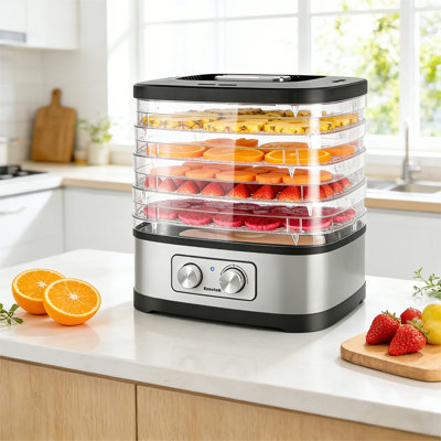 Déshydrateur d'aliments à 5 plateaux, température réglable de 95 à 165 ° F, plateaux empilables sans BPA, déshydrateur compact pour fruits et saucisses avec conception transparente pour un usage domestique