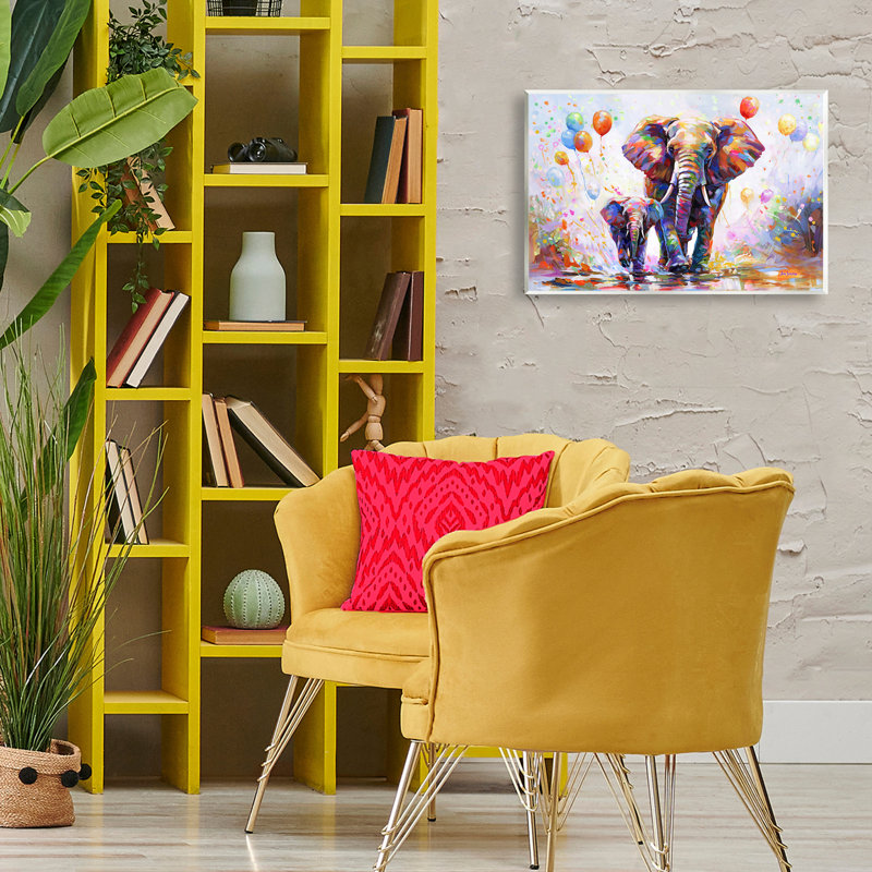 Éléphants et ballons, art mural par Leon Devenice, H 13 po x l 19 po