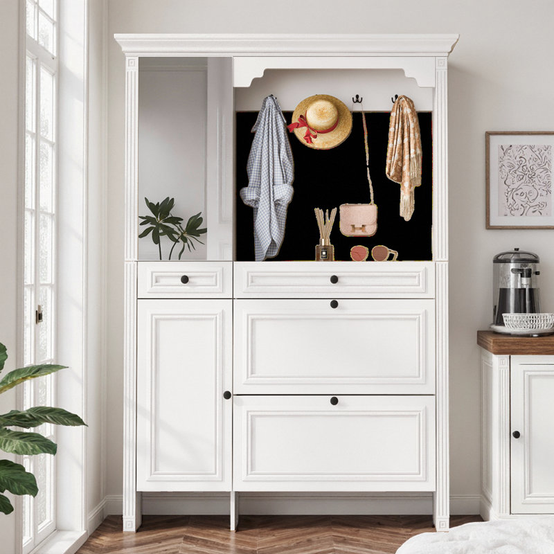 Arbre d'entrée 54,7 po blanc - armoire à chaussures, miroir, crochets à manteau, tiroirs rabattables, unité d'entrée 4-en-1
