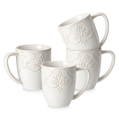 vancasso 4-Piece 16 oz Porcelain Coffee Mug Set, Embossed Bead Texture Ceramic Coffee Cups with Reactive White Glaze, Large Tea Mugs with Handle, Chip Resistant, Microwave & Dishwasher Safe