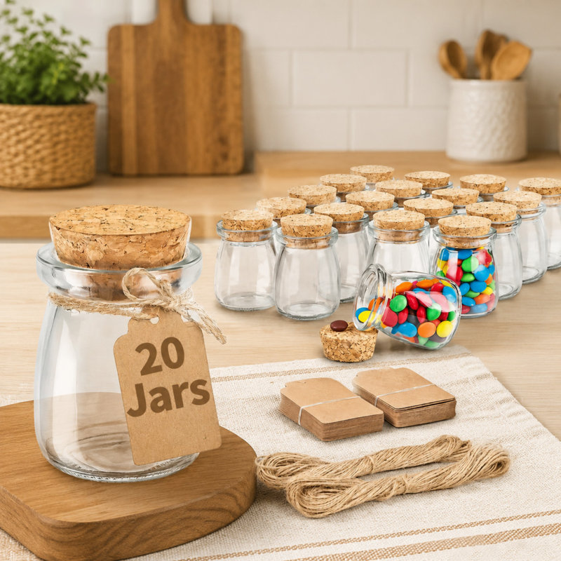 20 petits pots en verre de 3,4 onces, avec couvercles en liège, ficelle et étiquettes