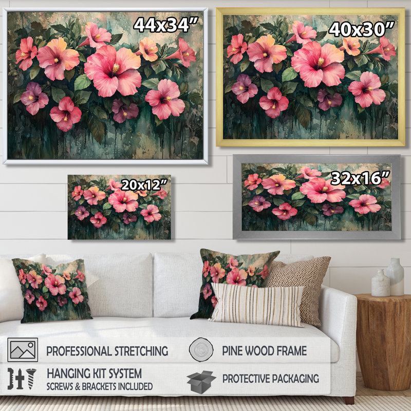 Hibiscus fleurs en harmonie tropicale I - art mural hibiscus, H 34 po x l 44 po, Impression encadrée flottante, Doré