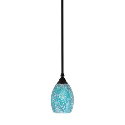 Stem Hung Mini Pendant Shown In Matte Black Finish With 5" Turquoise Fusion Glass