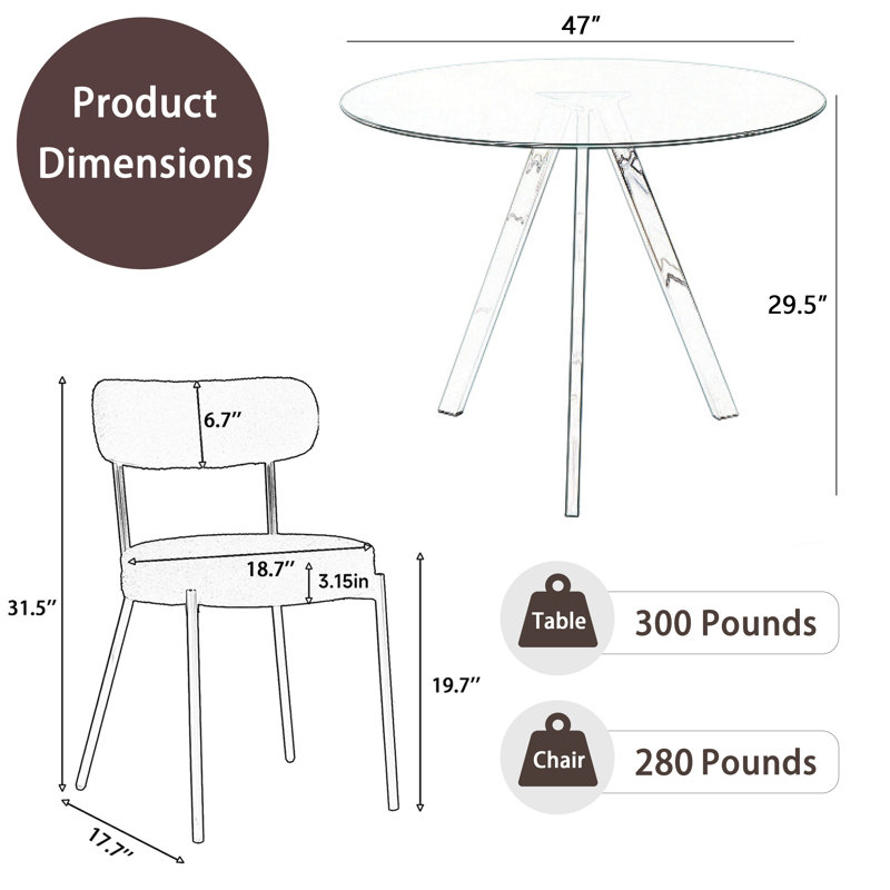 Glass Top Dining Table Set for 4 with Teddy Chairs, White, 5 Pieces: Table, 4 Chairs, 29.5" H x 47" W x 47" D