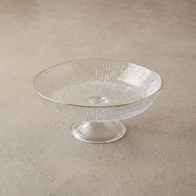 Diamond-Textured Glass Pedestal Fruit Bowl with Gold Rim – Footed Compote Dish for Fruit, Snacks & Pastries, Scandinavian Centerpiece