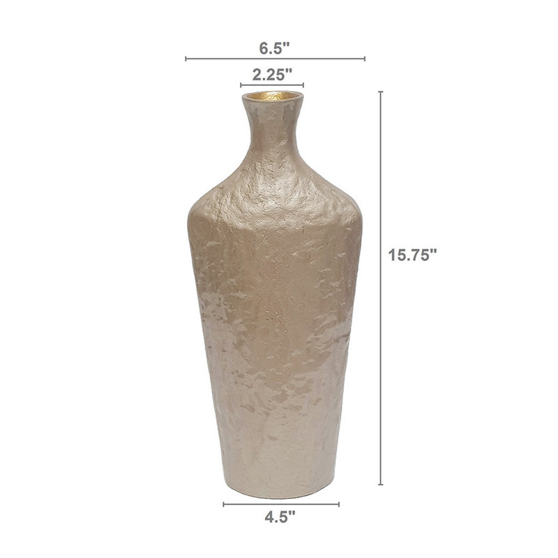 6.5X3x16" Sculptural Aluminum Accent Vase With Textured Champagne Gold Finish, 15.7" H x 6.5" W x 3" D