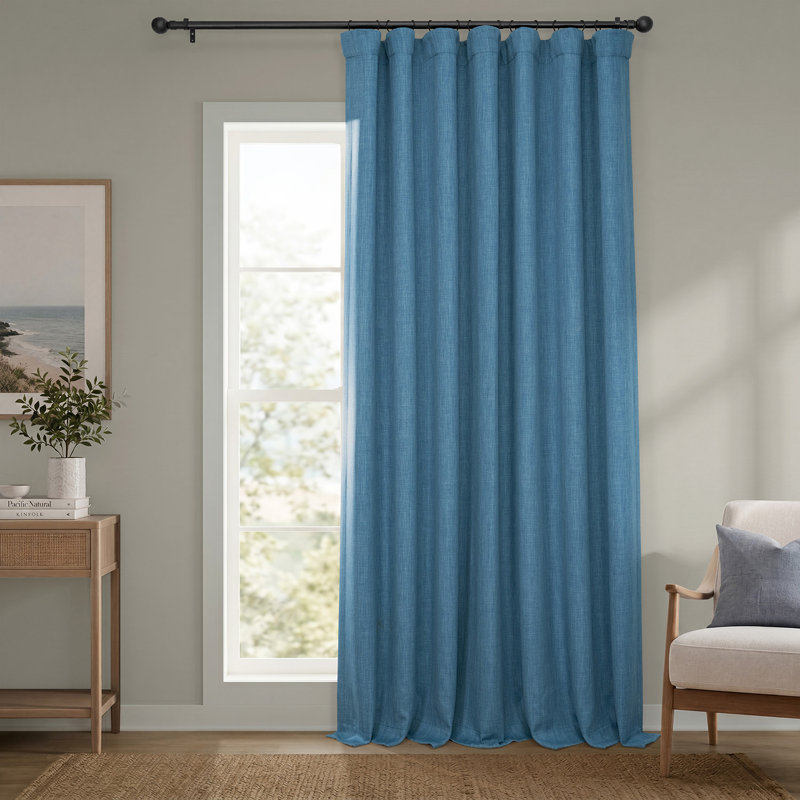 Ottis Faux Linen Room Darkening Curtain Panel, 100" W x 108" L, Denim