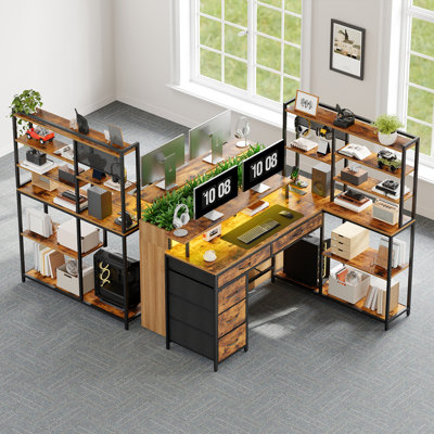 Bureau d'ordinateur de coin en forme de L de 53 po avec tiroirs et prises de courant, bureau de jeu avec tablettes de rangement et lumière DEL