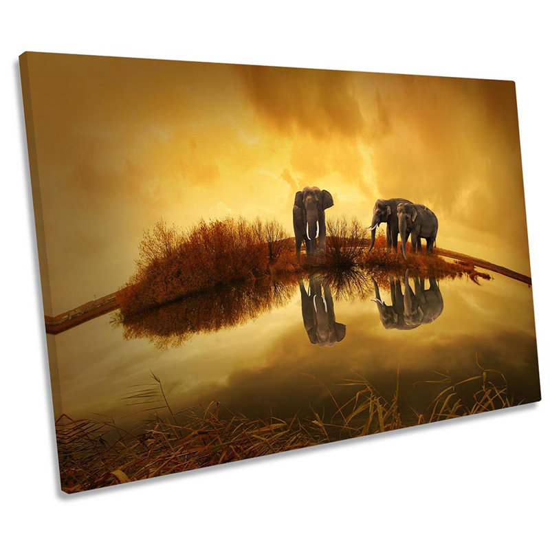Elephant Sunset Orange Framed - Wrapped Canvas Print, 30.5cm H x 45.7cm W x 2cm D