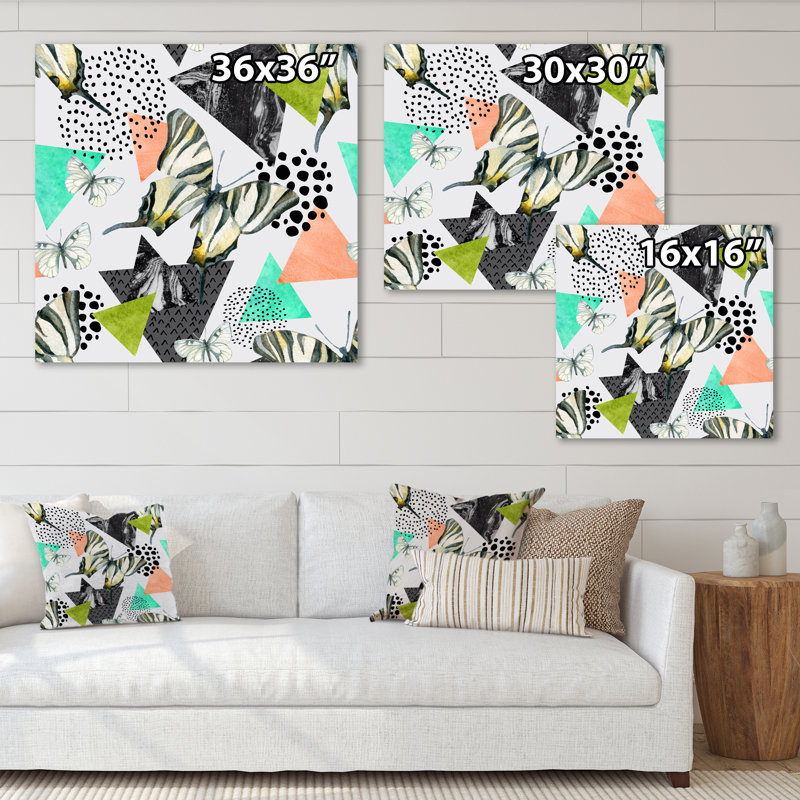 Turquoise, noir et vert géométrique rétro - peinture sur toile, H 36 po x l 36 po x P 1,5 po, Toile tendue