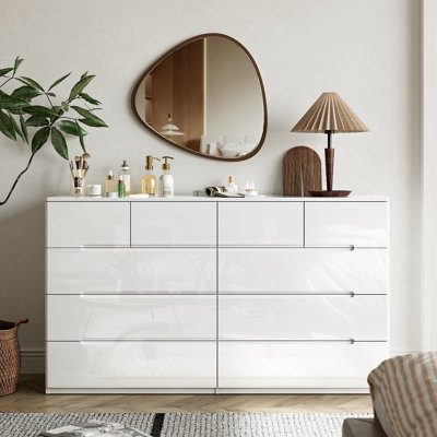 55" W High Gloss 10 Drawer Dresser, Modern Wide Storage Chest with Deep Drawers & Rounded Side Panels, White