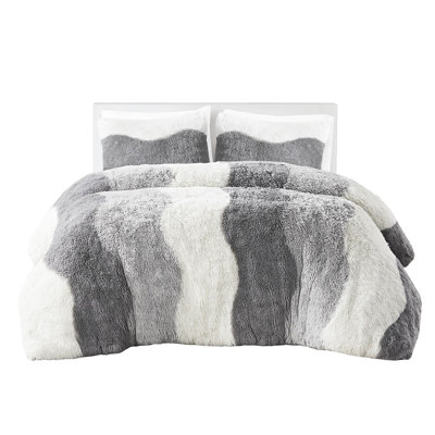 Shaggy Faux Fur Comforter For Twin/Twin Xl - Ombre Tonal Pattern Filling Soft Grey Back Bedding Wave Washable