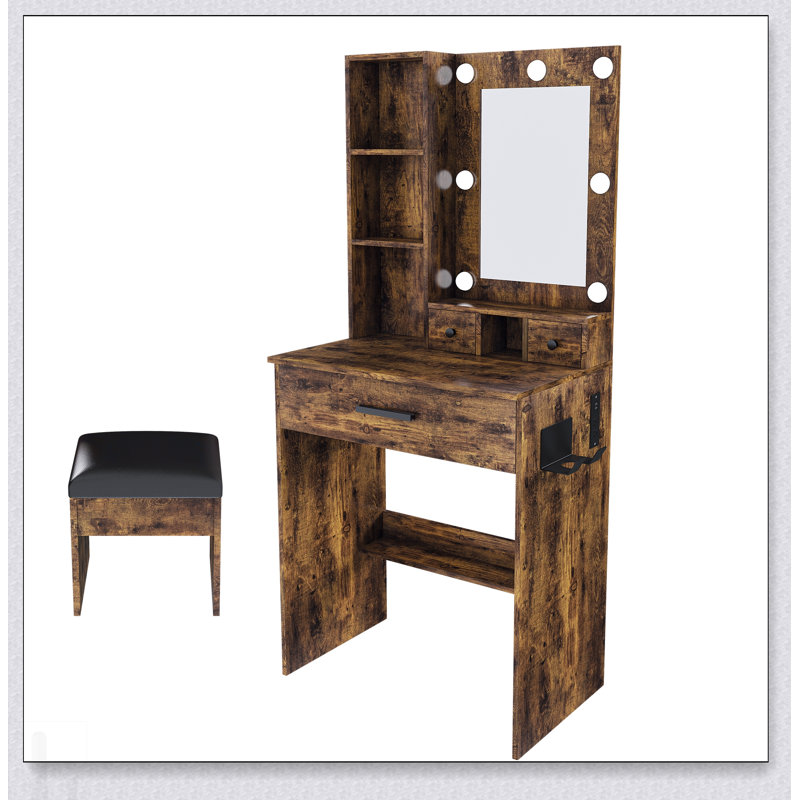 Coiffeuse vintage avec miroir, lumières DEL réglables, prise de courant, support pour séchoir à cheveux et tabouret - coiffeuse compacte pour petites chambres
