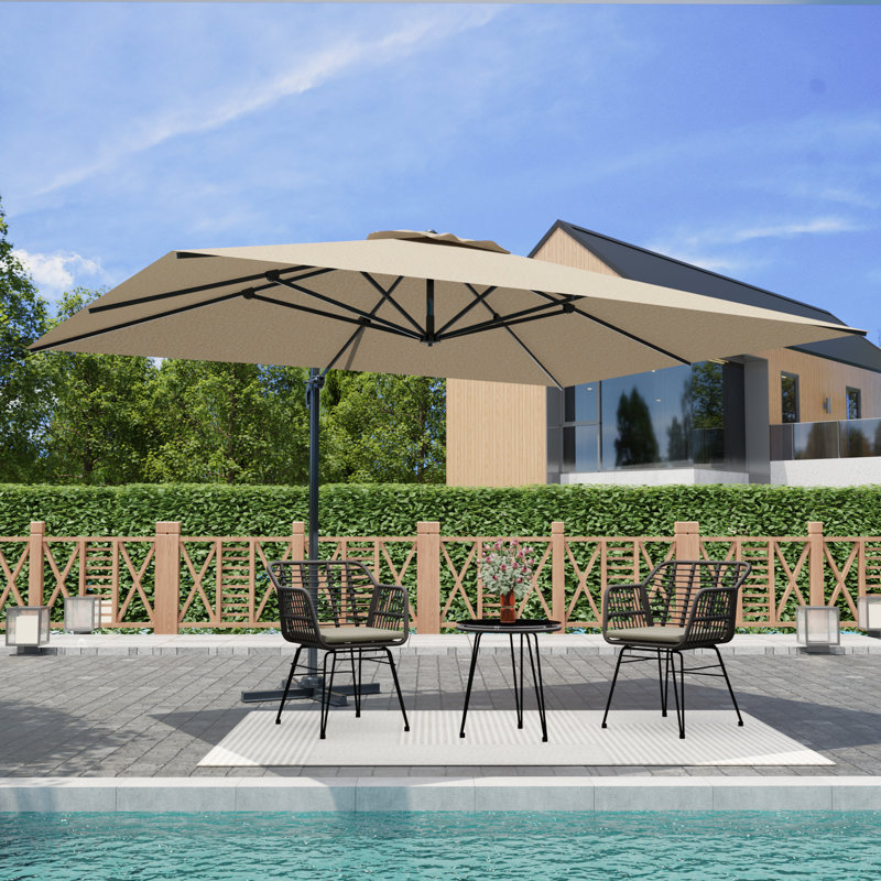 13 FT.W × 9.7 FT.D Patio Aluminum Umbrella with Round Table, 2 PE Wicker Chairs and Beige Cushion, Beige