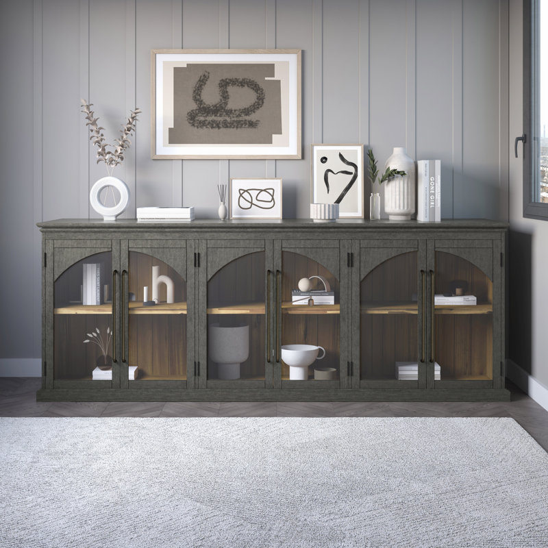 Sherree 96" Gothic Arch Transitional Sideboard Storage Cabinet with Glass Doors, Gray