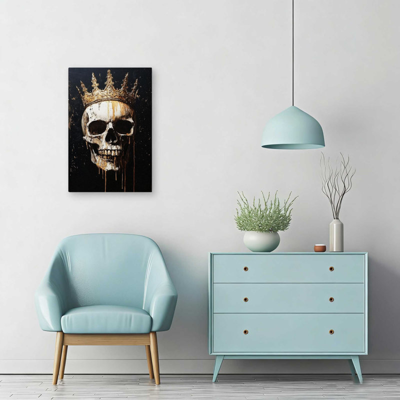 Art rétro sur toile, tête de mort noire et couronne en or 18 x 12 po