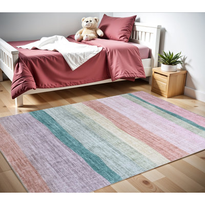 4' X 6' Pink Green and Purple Juvenile Rainbows Youthful Area Rug