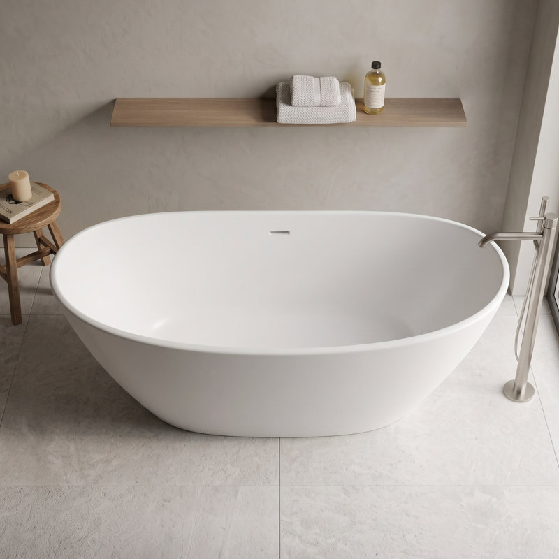 Baignoire de trempage autoportante ovale de 61 pouces à surface solide blanc mat, White