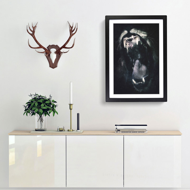 Roaring Lion - Single Picture Frame Painting on MDF, 87cm H x 62cm W x 2cm D, Black Framed
