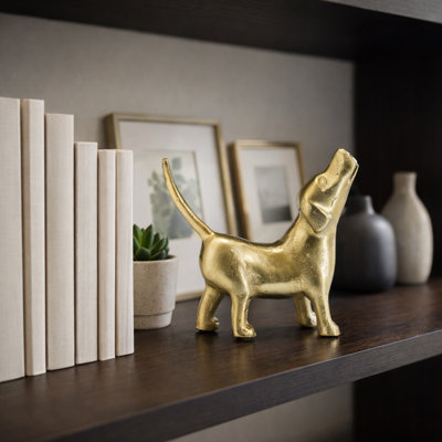 Decorative Howling Dog Figurine Statue for Living Room Decoration - Modern Metal Sculpture for Table Accent, or Home Decor - 8", Gold & Metallic