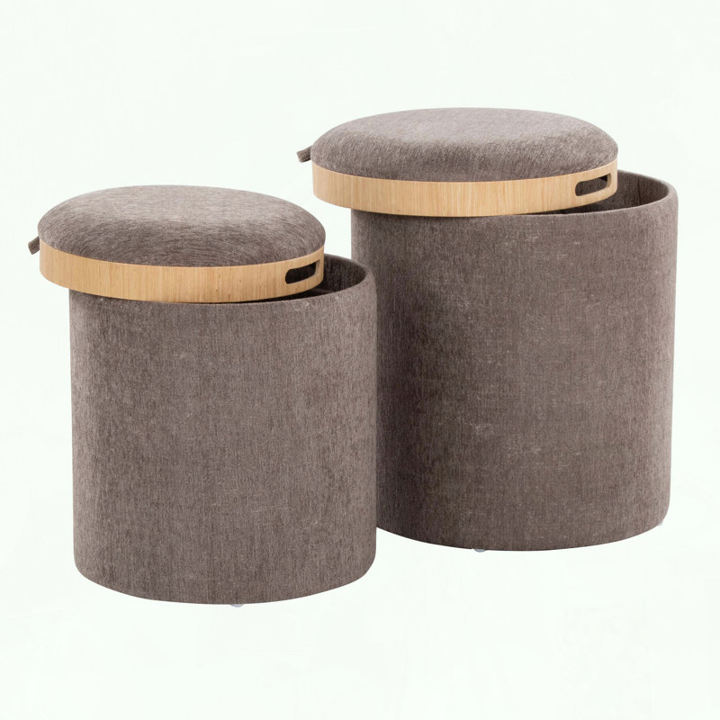Contemporary Nesting Ottoman Set in Fabric and Natural Wood, Brown