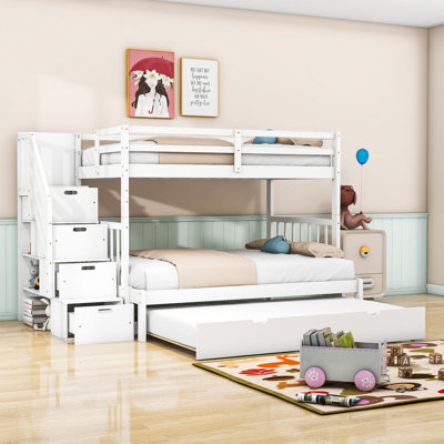 Ebarb Kids Twin Over Full 4 Drawers Wooden Bunk Bed with Twin Size Trundle and Shelves