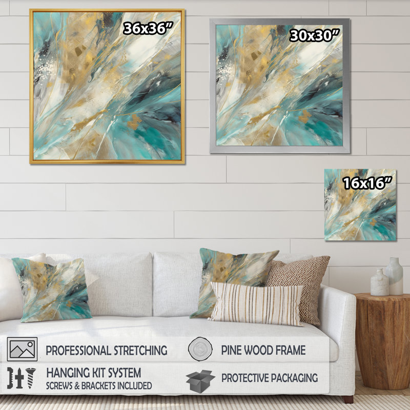 Turquoise Serendipity, peinture abstraite I - peinture abstraite sur toile, Cadre simple argenté, H 30 po x l 30 po x P 1 po