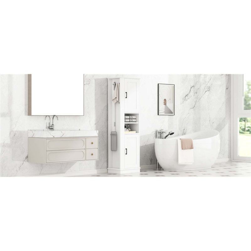 Armoire de rangement de salle de bain haute et autoportante avec tablette réglable et crochet, panneau MDF, résistante à l'eau et facile à assembler