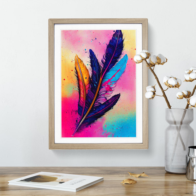 XV1022-3159X Paint Drip Feathers No.4 - Single Picture Frame Print, 34cm H x 25cm W x 2cm D, Oak