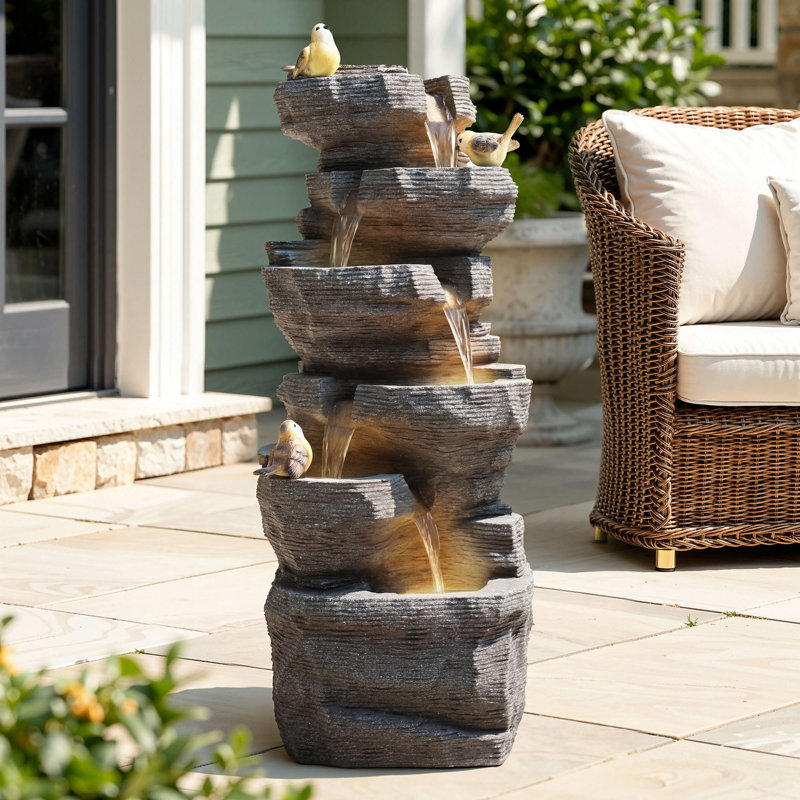 39" Natural Rock Water Fountain with LED Lights, 6-Tier Cascading Waterfall Decor, Weather-Resistant Polyresin Outdoor Feature for Garden or Patio