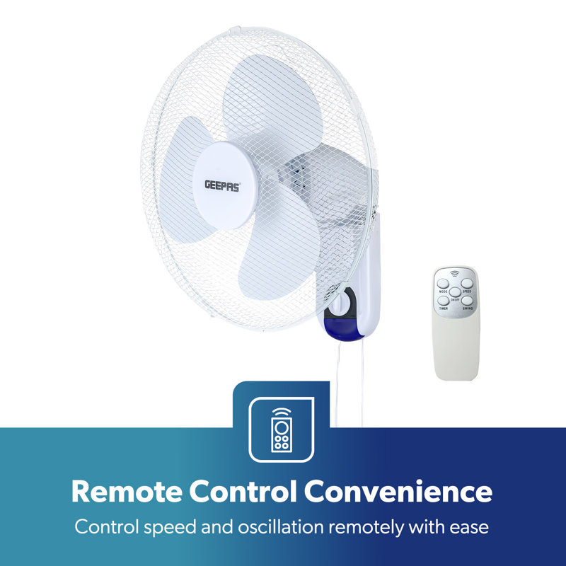 GEEPAS 16-Inch Wall Mounted Fan with Remote Control - Electric Cooling Wall Fan for Home Office - 3 Speed Setting with Oscillating Feature - 3 Leaf PP Blades, 7.5 Hour Timer - 2 Year Warranty