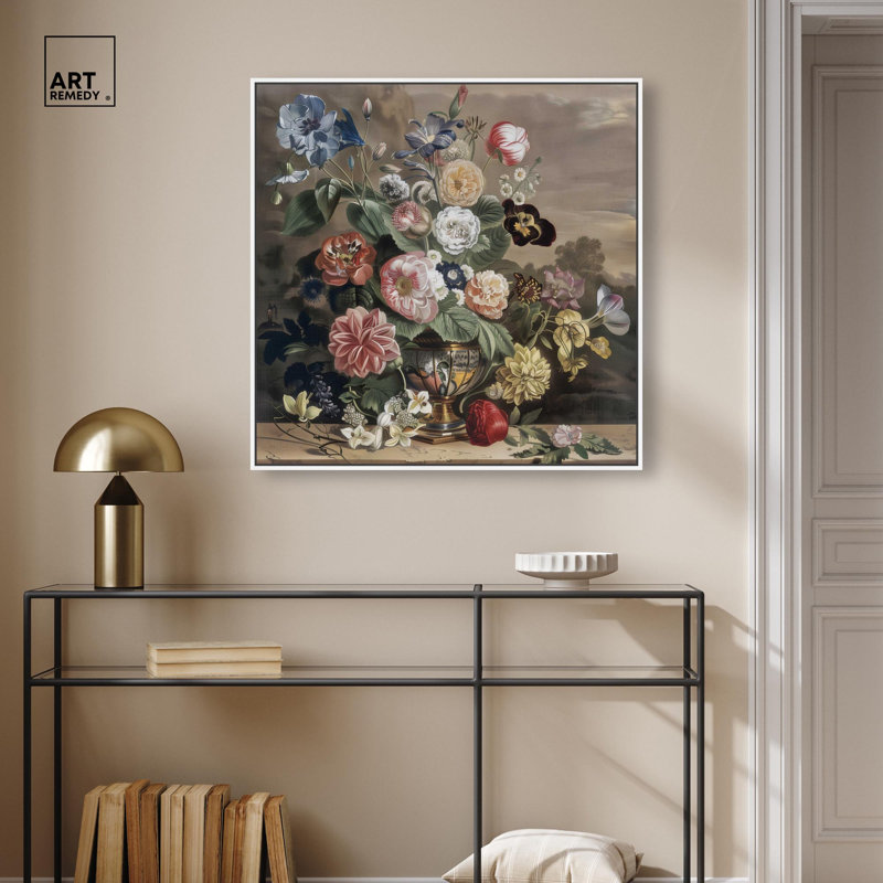 Art floral rétro classique sur toile Vase II classique par Art Remedy, H 31 po x l 31 po, Cadre flottant blanc