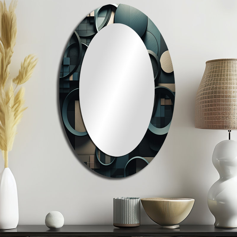 Teal Fragmented Forms - Miroir décoratif ovale abstrait sur métal, 36 po x 24 po