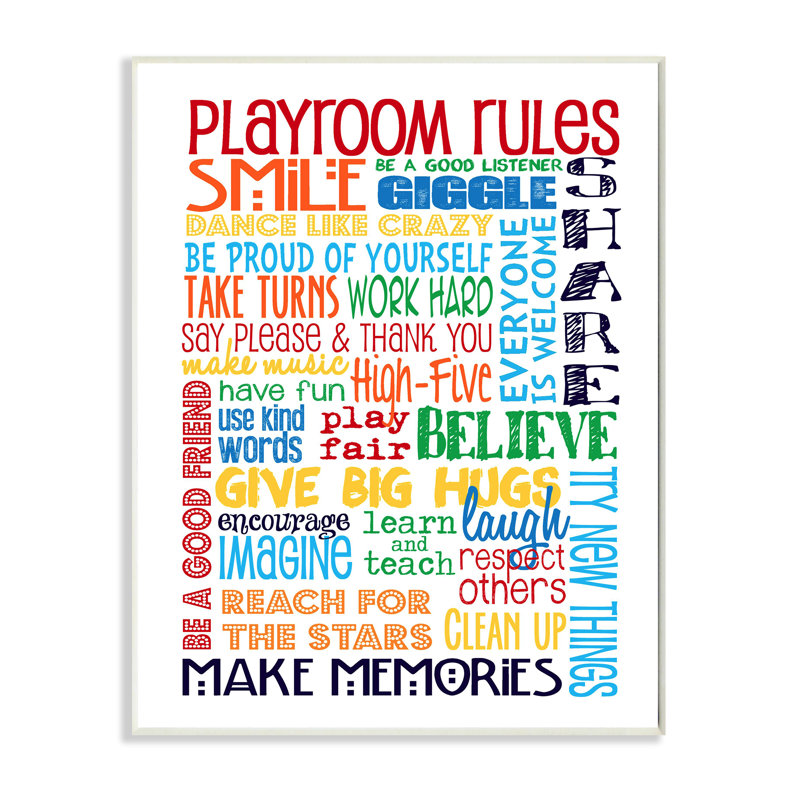 «Rainbow Playroom Rules Smile», art mural texturé sur bois par Erica Billups