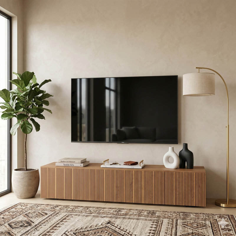 Meuble télé à cannelure flottante Calonne pour téléviseur de 70 po, éclairage DEL et rangement rabattable, meuble télé autoportant