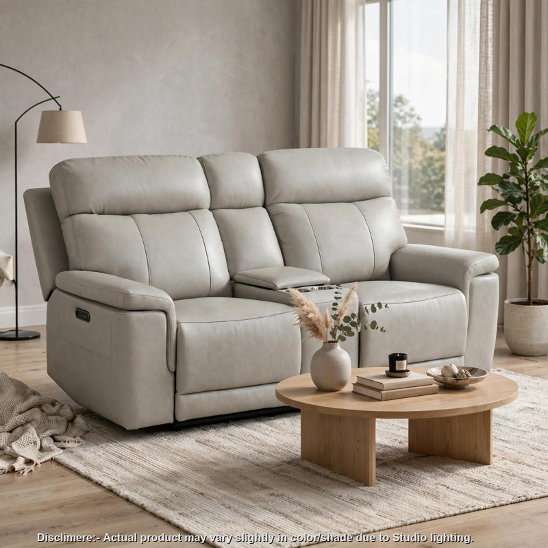 Canapé inclinable électrique Zelda, console et appuie-tête, cuir véritable gris