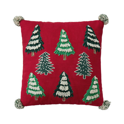 Christmas Trees Embroidered Throw Pillow With Pom Poms
