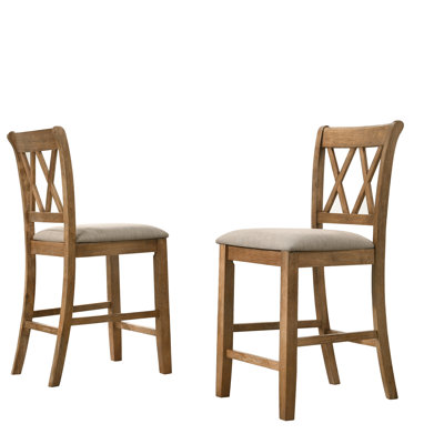 2 chaises de salle à manger rembourrées de hauteur comptoir brun clair - 2 chaises en bois franc robuste avec découpe et dossier en tissu confortable, 2 chaises en lin attrayantes