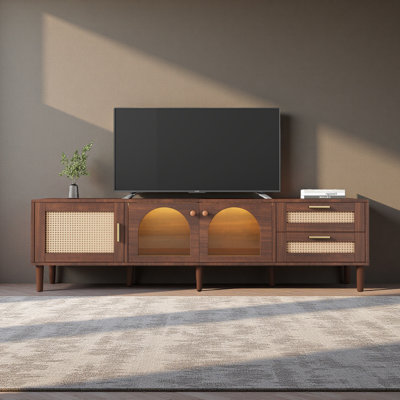 Meuble télé 70 po pour téléviseur de 80 po ou moins, meuble audio-vidéo avec lumières à DEL contrôlées par une application, 2 tiroirs et porte vitrée, console multimédia moderne pour le salon