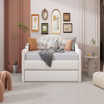 Twin Size Tufted Upholstered Daybed With Trundle,Velvet Sofabed With Usbandtype-C Charging Ports,No Box-Spring Needed
