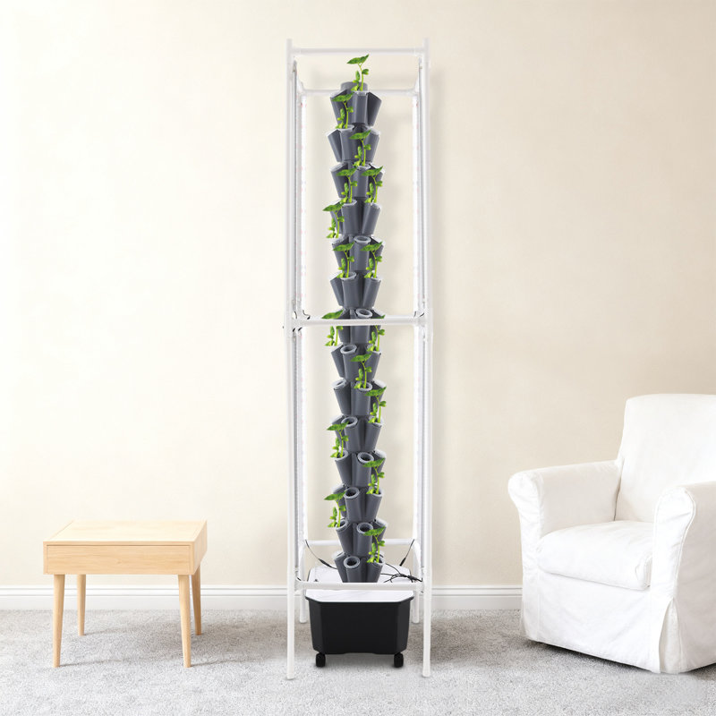 Tour de jardinage hydroponique à 14 couches et 70 trous avec lumières et roues, Gris