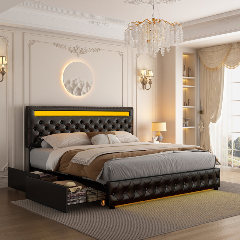 Meliz Modern Upholstered Bed Frame with 4 Bedside Drawers & Smart RGBW LED Lights, No Box Spring Needed, Easy Assembly,