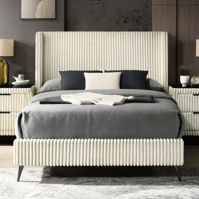 Cream Queen Bed - Soft Wide Wale Corduroy Upholstery, Distinctive Wing Back Headboard, Modern Bedroom, 4 Wooden Slats With Upholstery Luxurious Bedroom Design,