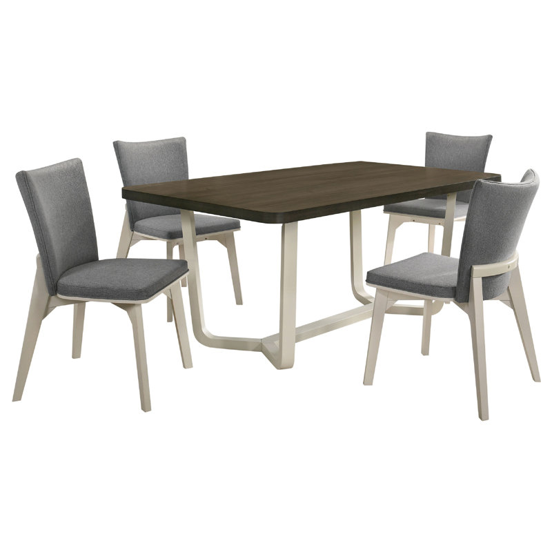 Ensemble de table de salle à manger Loxy, plateau en bois brun foncé, chaises d'appoint blanches, 5