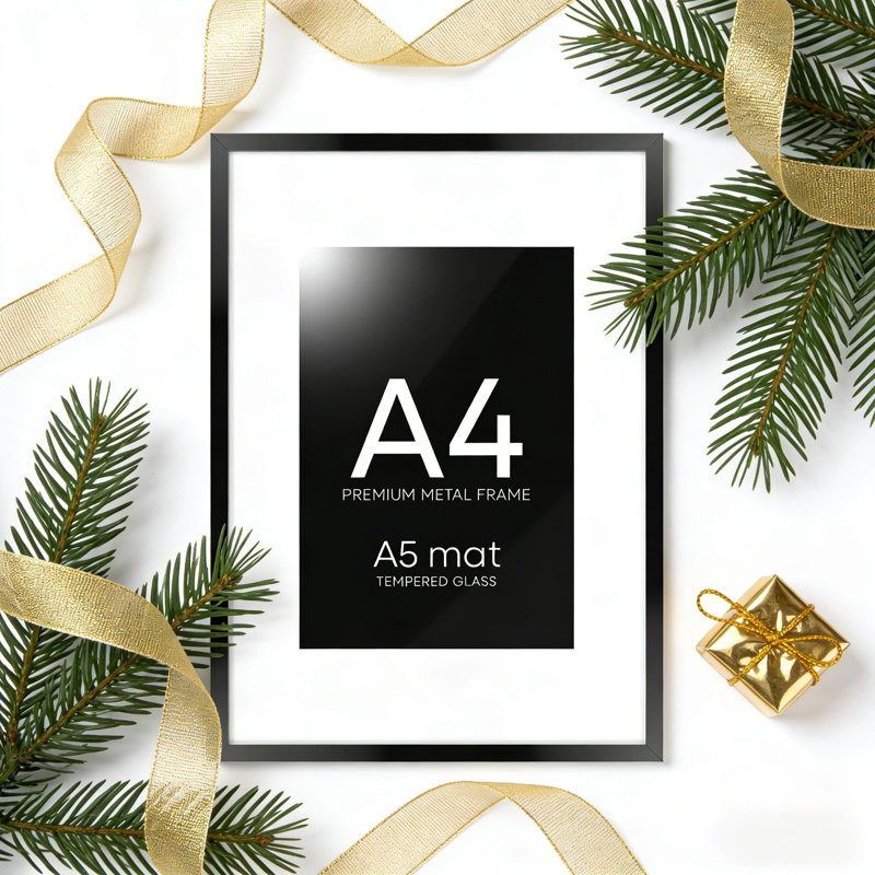 Cadre photo moderne A4 avec passe-partout - Cadre en aluminium noir de première qualité avec verre trempé pour affichage mural ou de table - Comprend un ensemble de suspension et un support