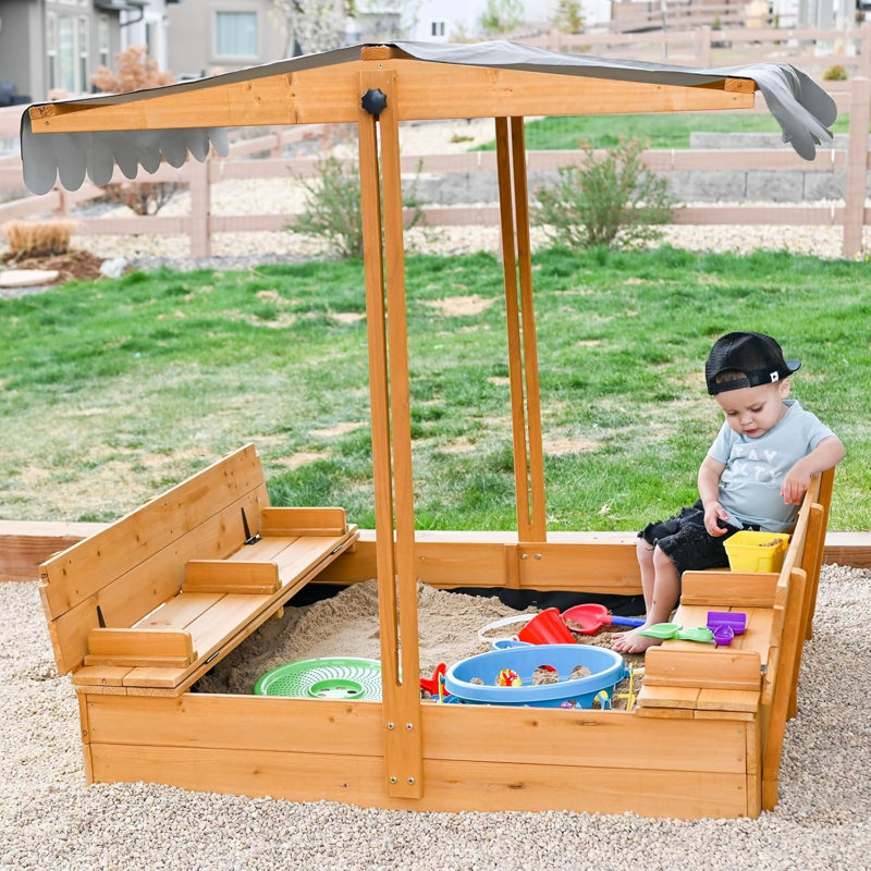 Bac à sable pour enfants avec auvent 47,2 "x 47,2", bac à sable pliable avec housse et sièges de banc, ensemble de jeu extérieur en bois pour enfants, toit rétractable modernisé