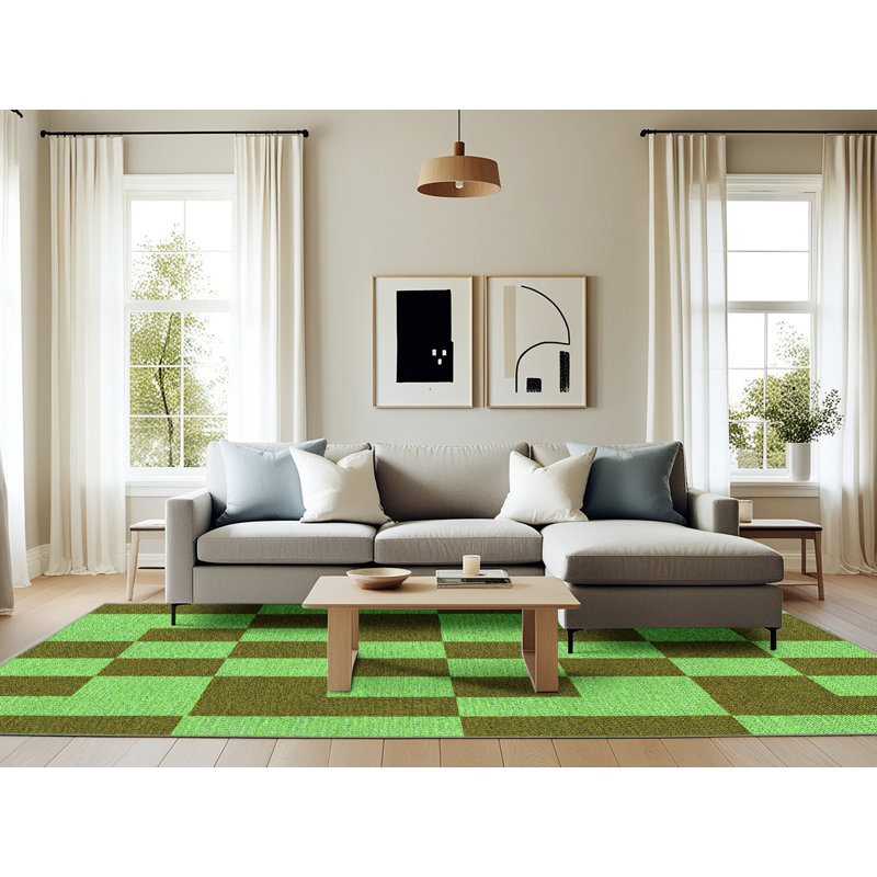 Tapis géométrique en laine vert, Rectangle 6 pi x 9 pi