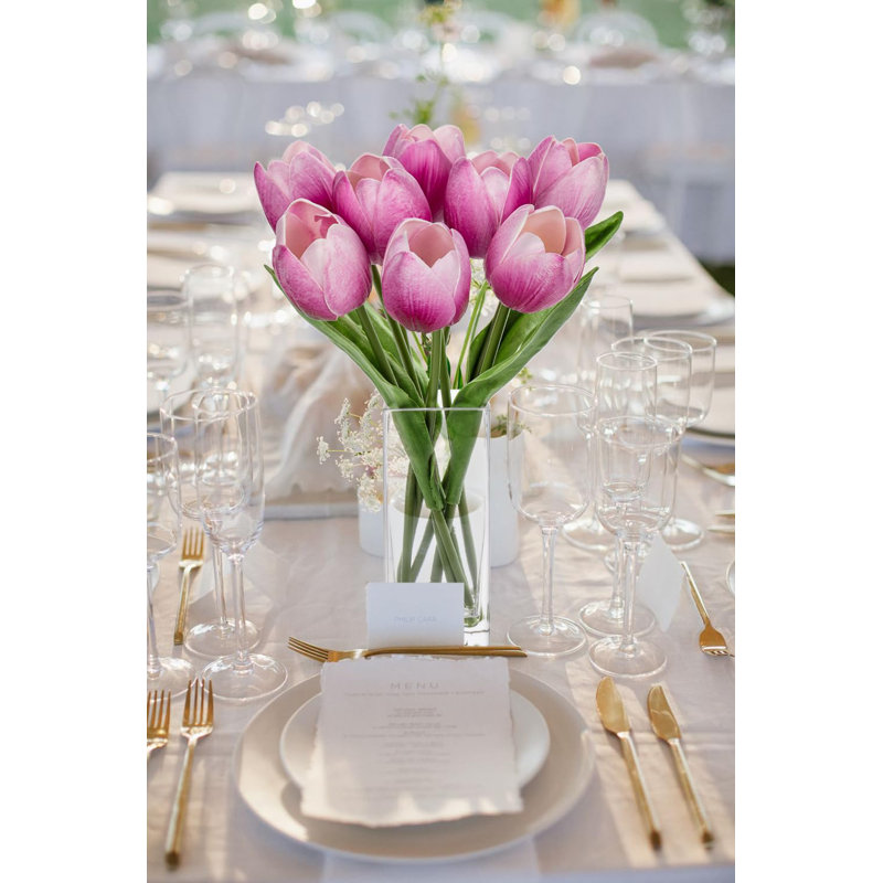 Fleurs artificielles de tulipes artificielles dans un vase transparent, Rose