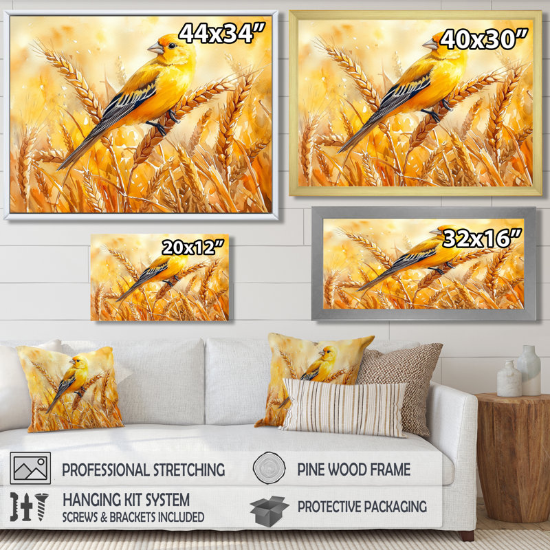Chardonneret dans le champ de blé II - art mural oiseau pour le salon, H 24 po x l 32 po, Cadre flottant, Blanc