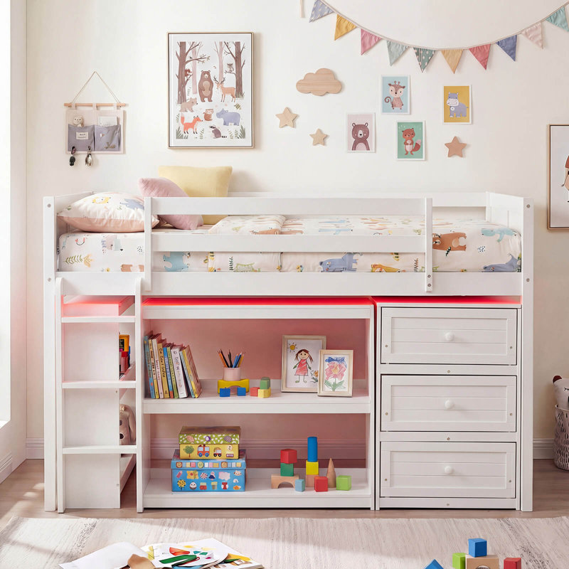 Twin Size Loft Bed with LED Lights Underbed Space Drawers Shelves Ladder White, White